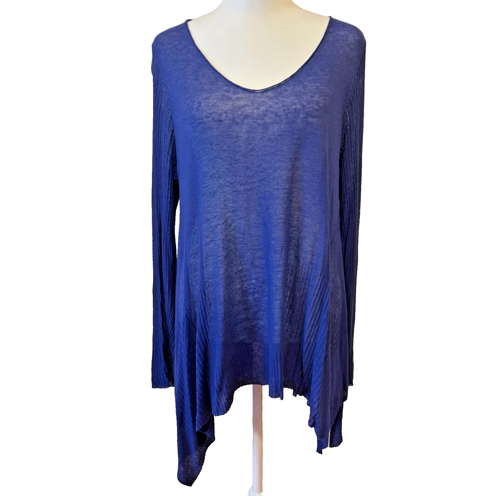 Eileen Fisher Linen Blend Lightweight Semi Sheer Blue Sweater Sz S Sharkbite Hem